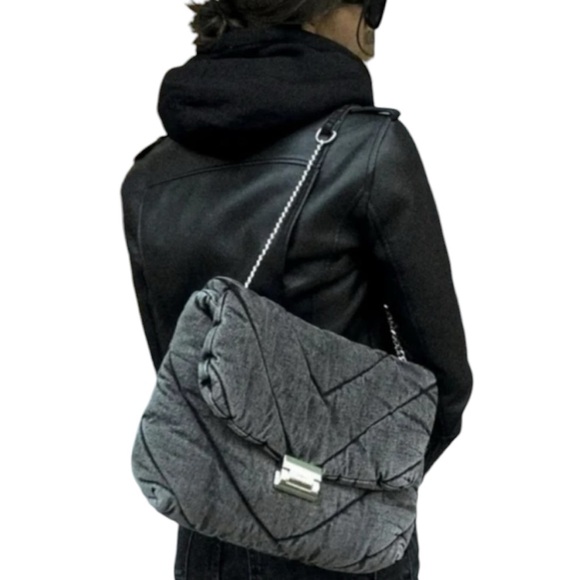 Zara Gray Acid Wash Quilted Denim Puffer Shoulder Bag with Chain Strap EUC - Picture 3 of 15